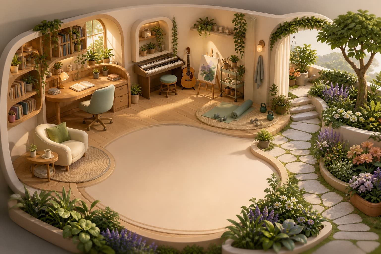 Concept illustration of a cozy Aiyomi room opening into a flourishing garden
